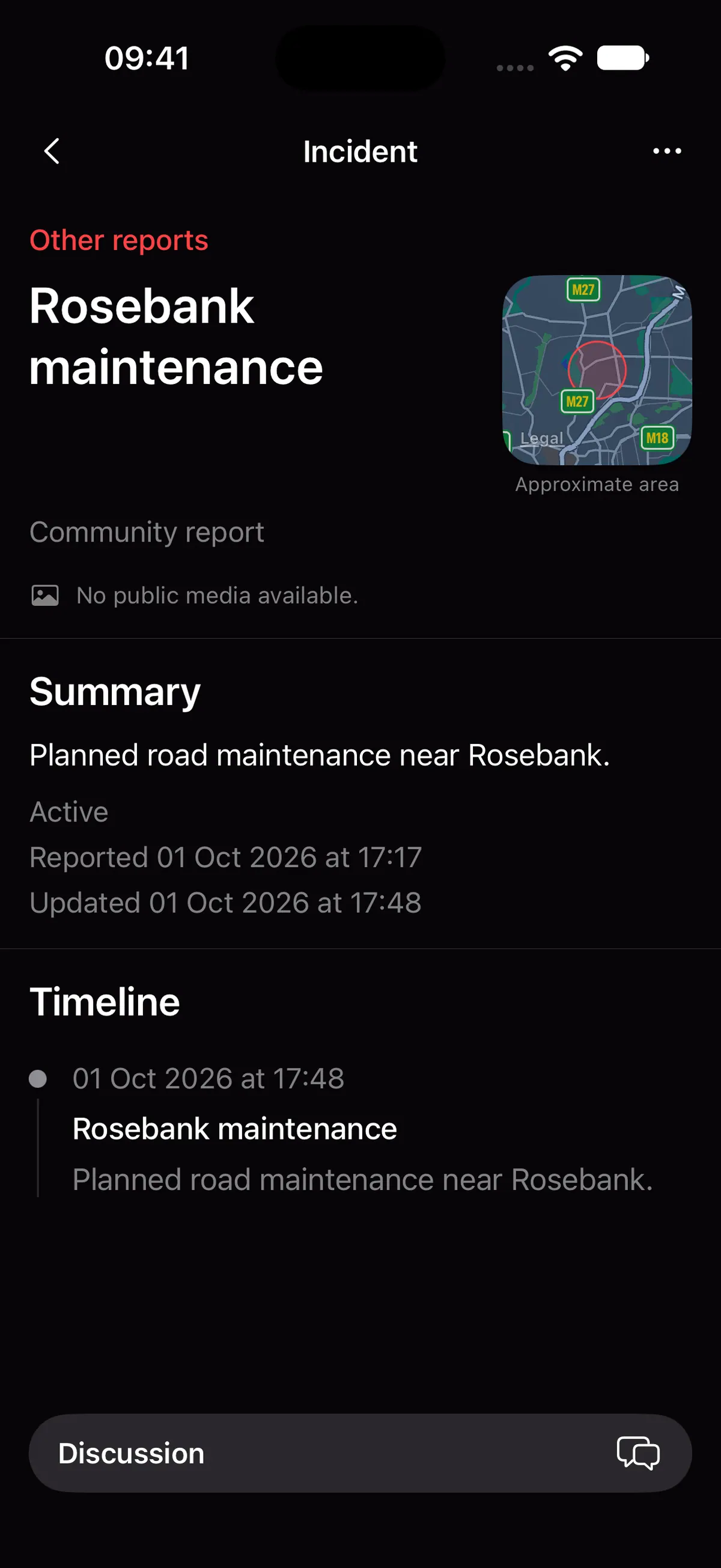 The incident detail and update timeline in the Lookout iPhone app