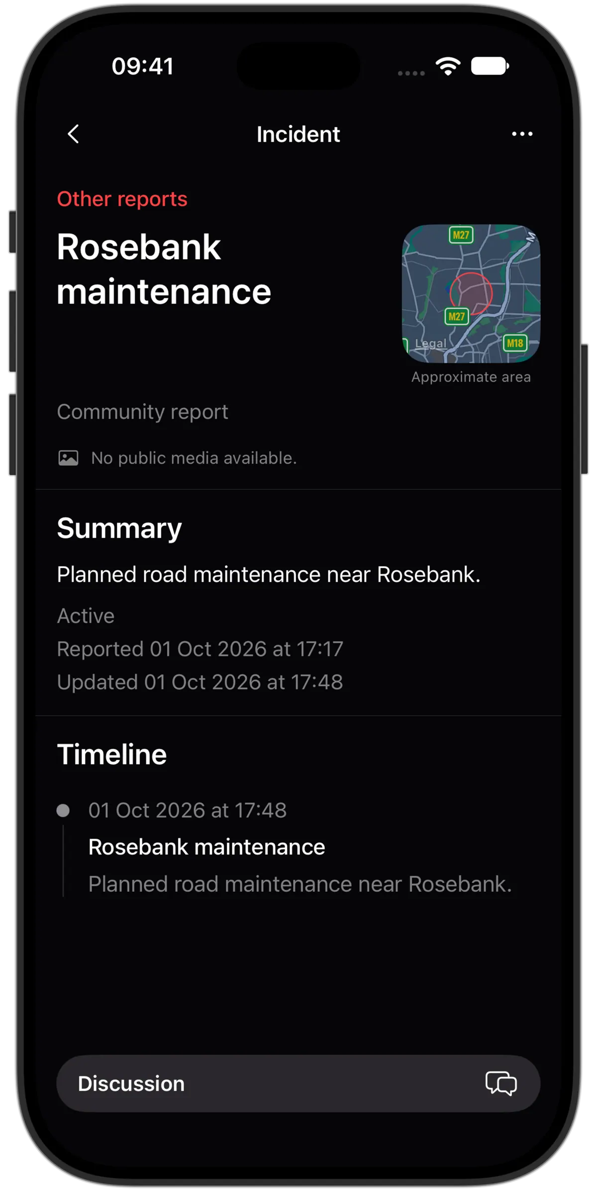 The incident detail and update timeline in the Lookout iPhone app