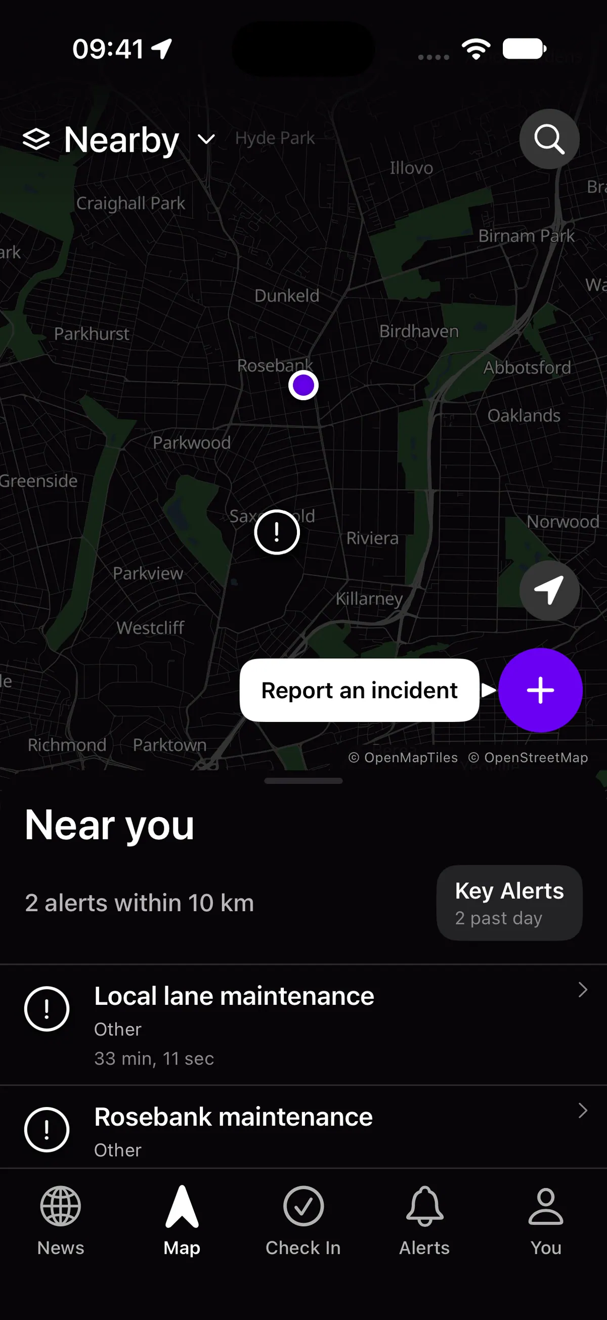 Lookout’s live map on an iPhone, captured in the iOS Simulator