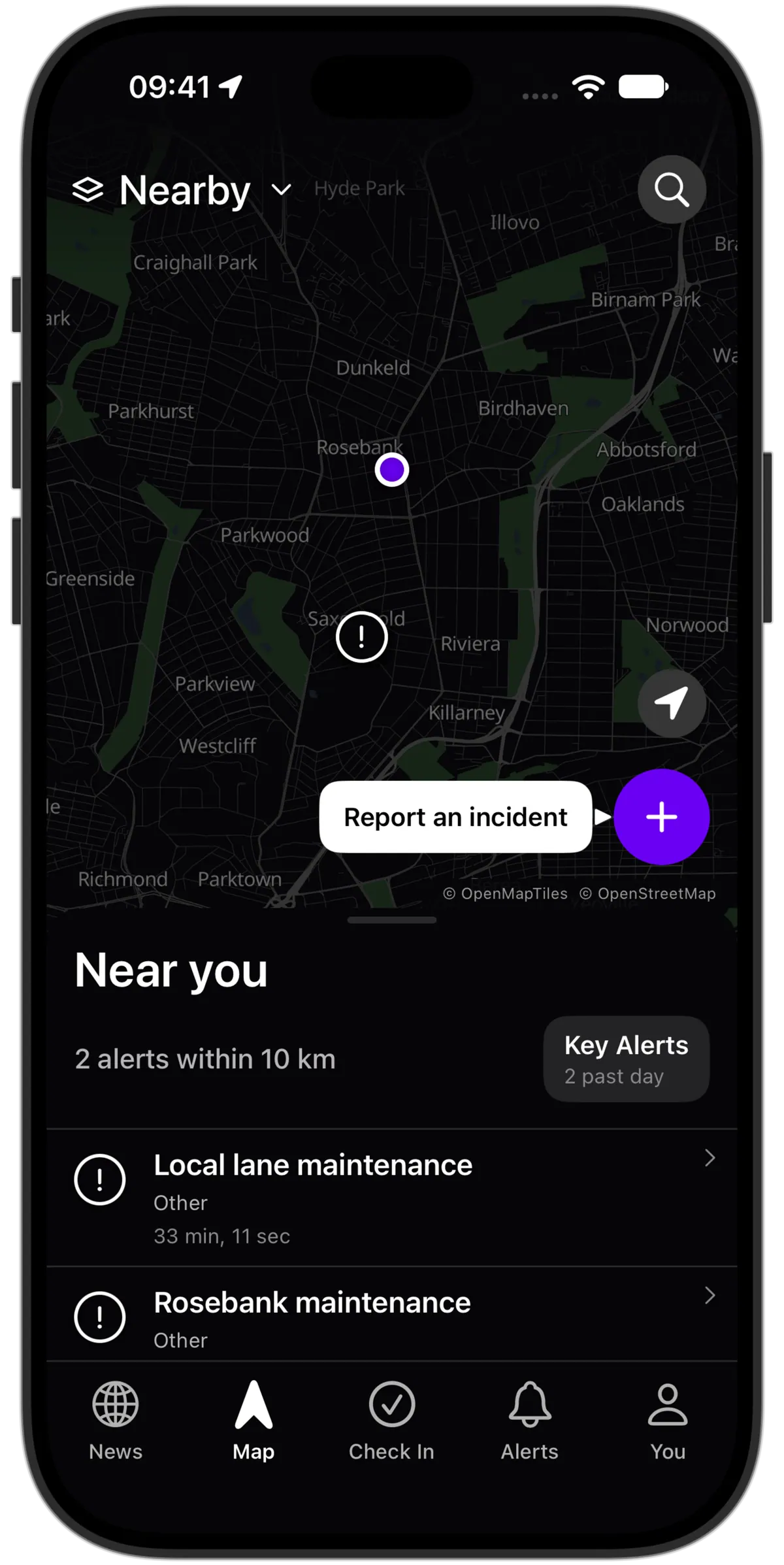 Lookout’s live map on an iPhone, captured in the iOS Simulator