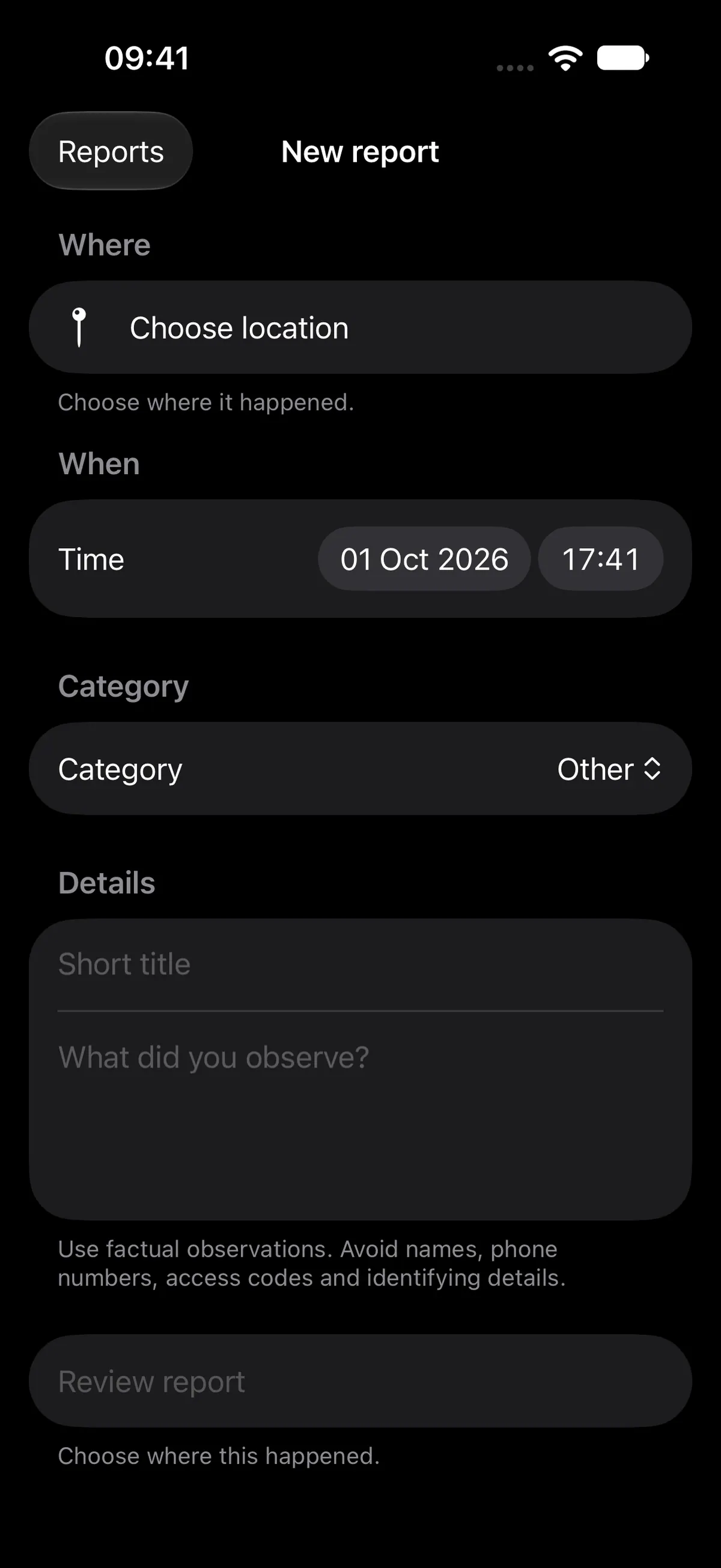 The New report form for community reporting in the Lookout iPhone app
