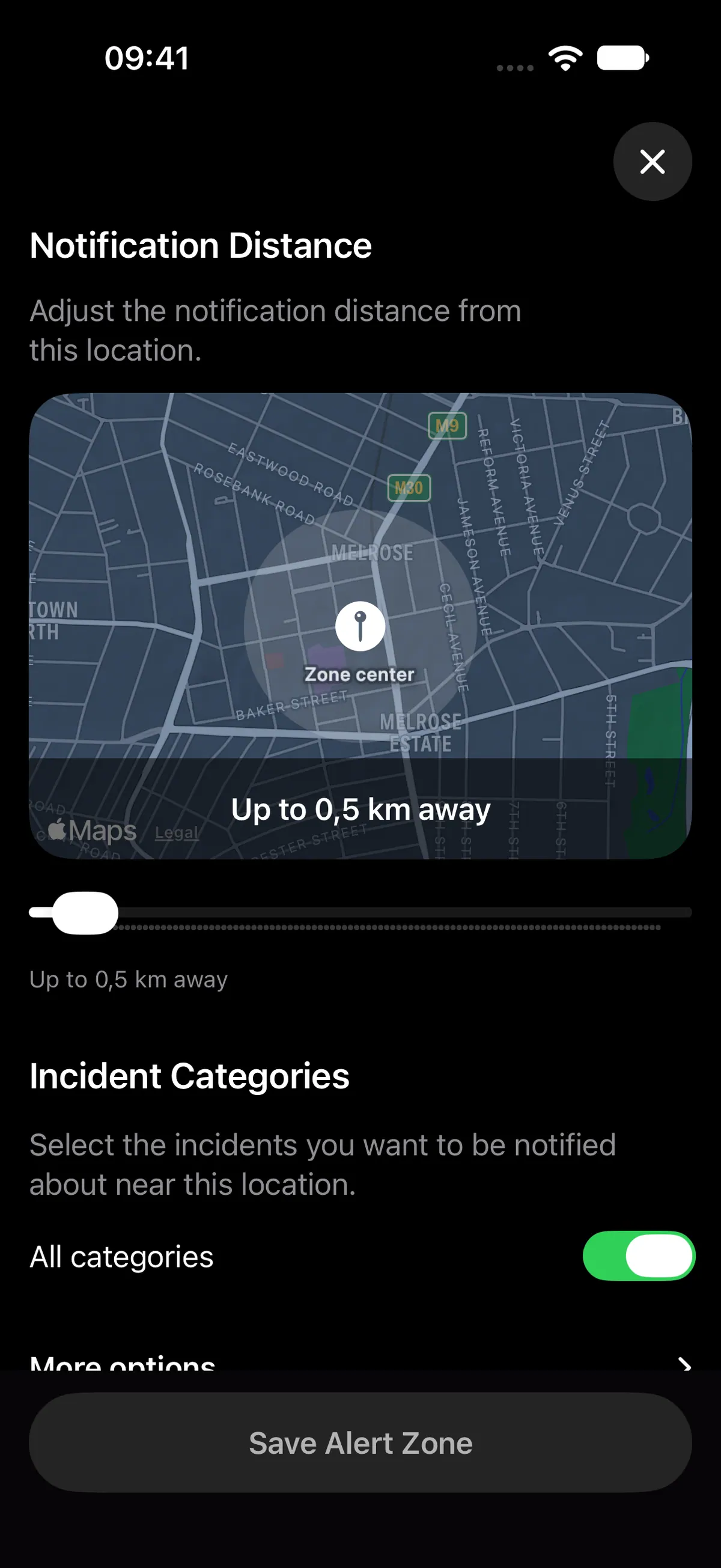 Alert zone map, notification radius slider and incident category filters in the Lookout iPhone app