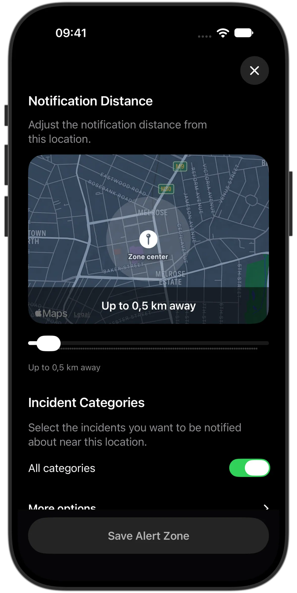 Alert zone map, notification radius slider and incident category filters in the Lookout iPhone app